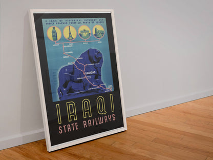 Iraqi State Railways poster in a white frame leaning against a wall