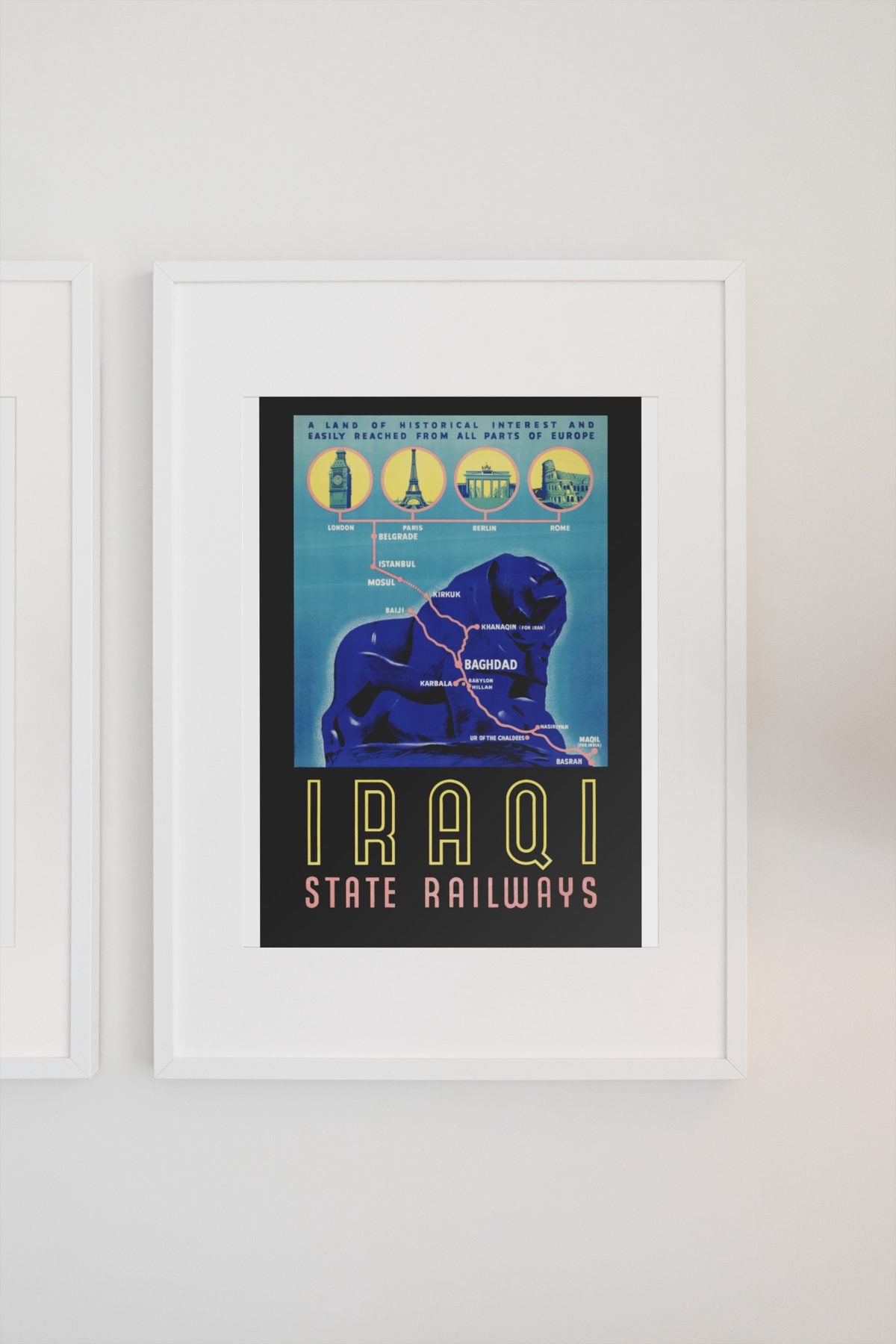 Iraqi State Railways poster on a light wall