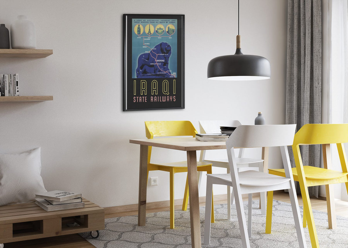 Iraqi State Railways poster framed above a dining table