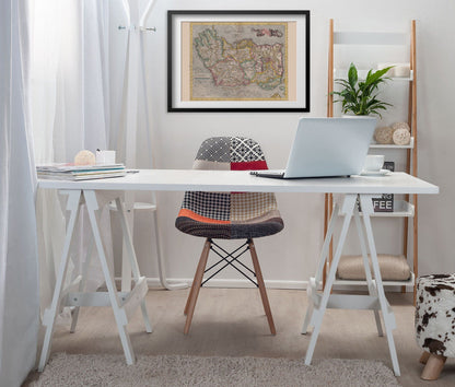 Ireland 1620 Map print framed above a white desk in a home office