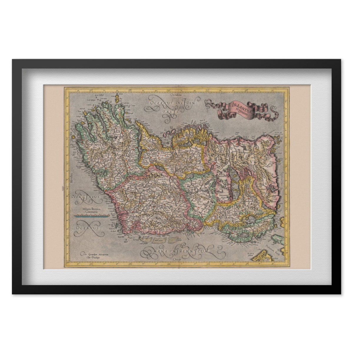 Ireland 1620 Map print in a black frame with a white mat