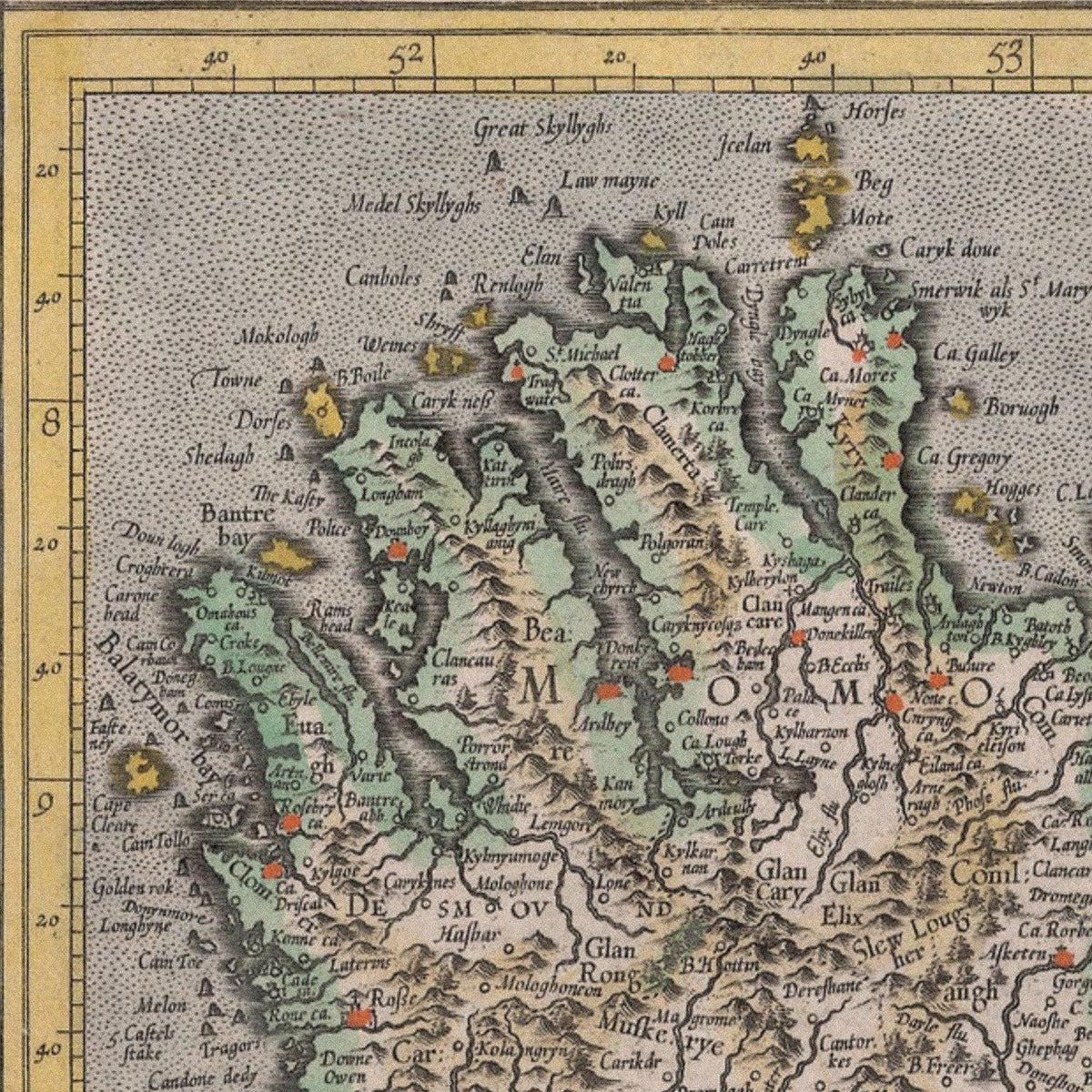 Close-up detail of the Ireland 1620 Map