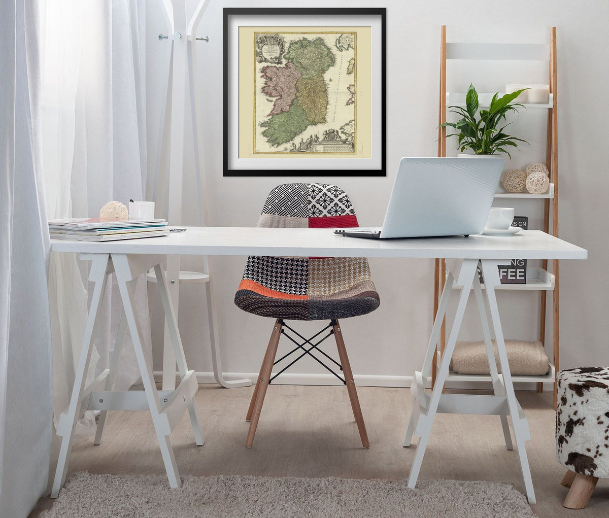 Ireland 1700s Homann Map print framed above a white desk in a home office