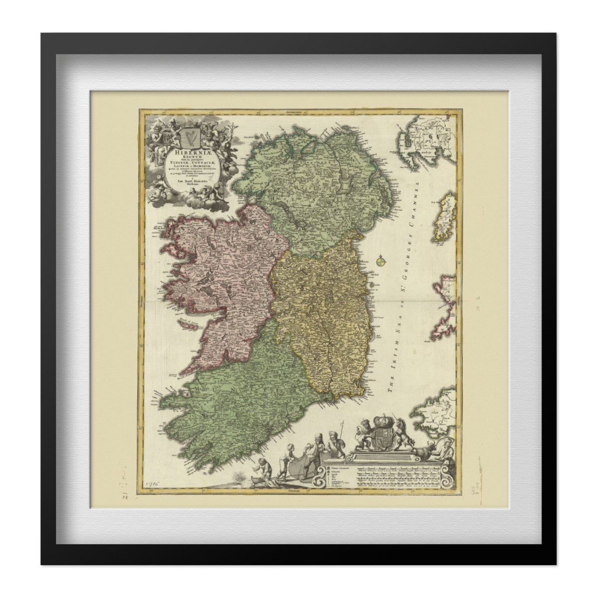 Ireland 1700s Homann Map print in a black frame with a white mat