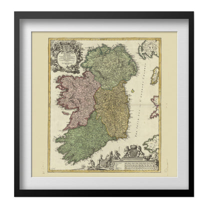 Ireland 1700s Homann Map print in a black frame with a white mat