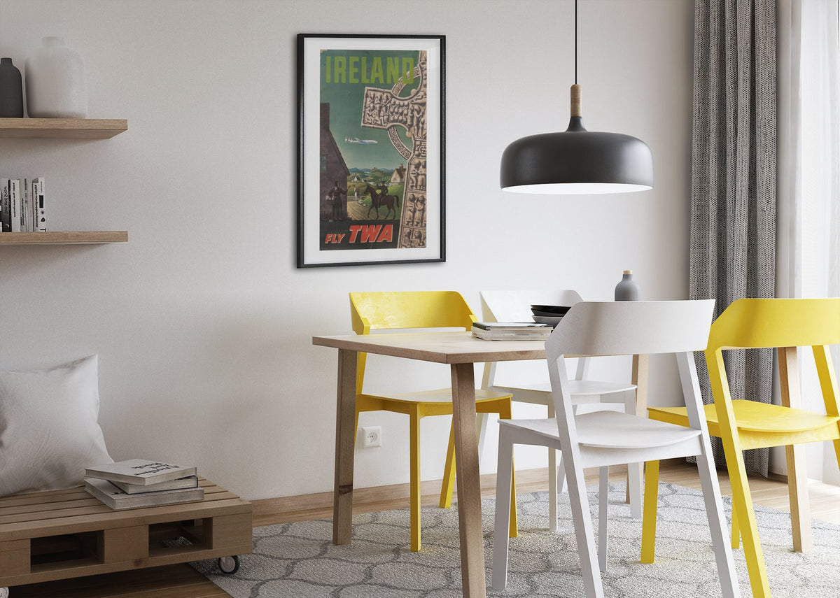 Ireland Fly TWA poster framed above a dining table