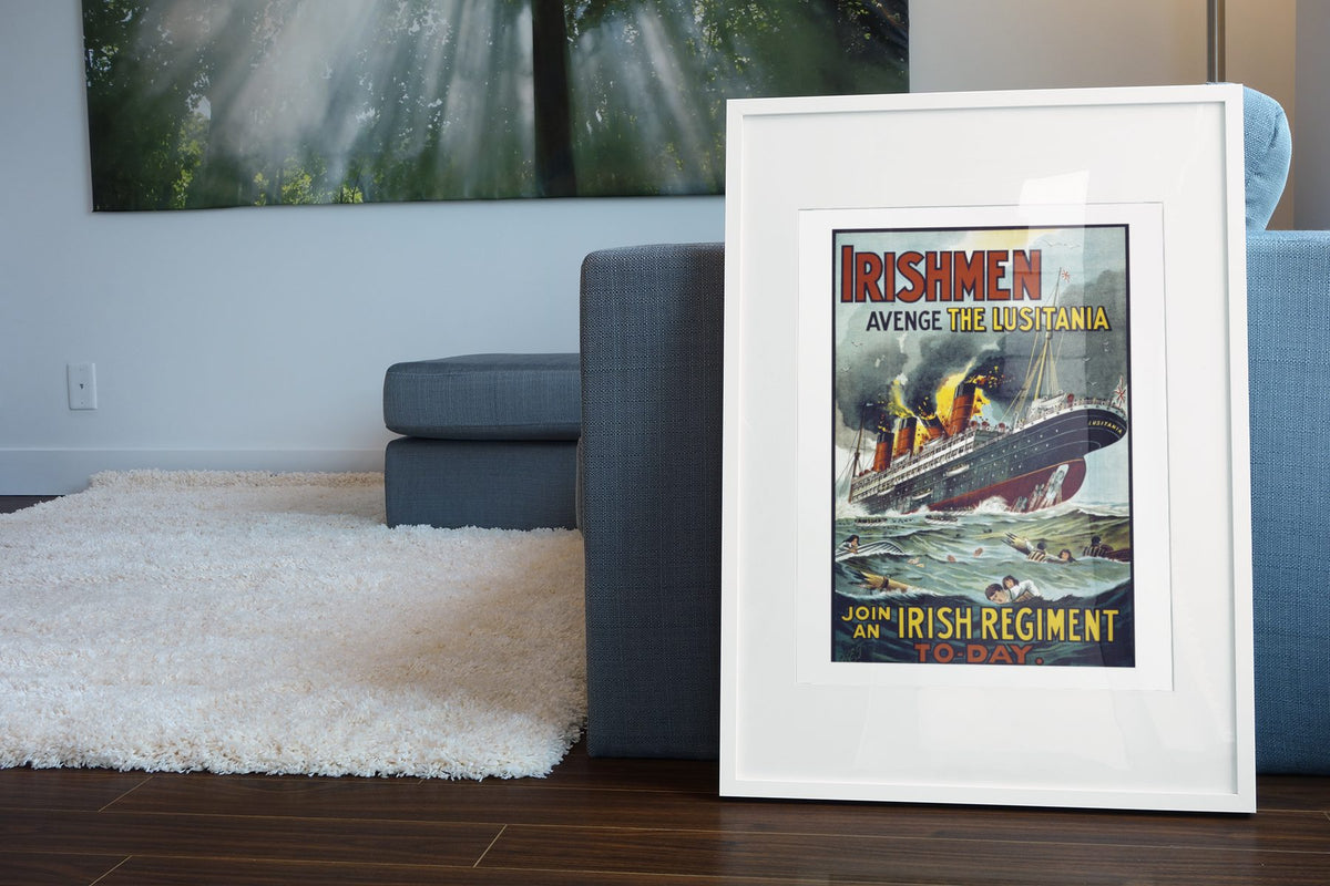 Irishmen Avenge the Lusitania poster leaning beside a blue sofa