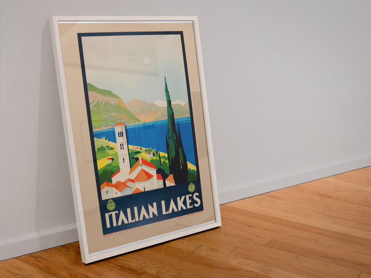 Italian Lakes poster in a white frame leaning against a wall