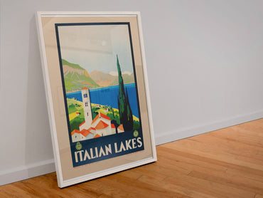 Italian Lakes poster in a white frame leaning against a wall