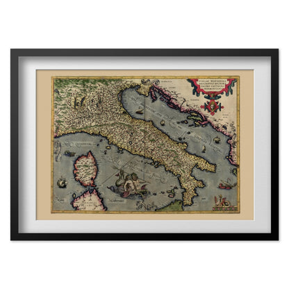Italy 1570 Ortelius Map print in a black frame