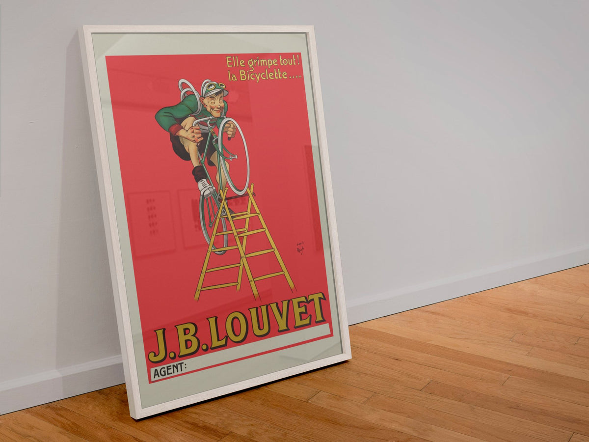 JB Louvet Bicycle on a Ladder poster in a white frame leaning against a wall