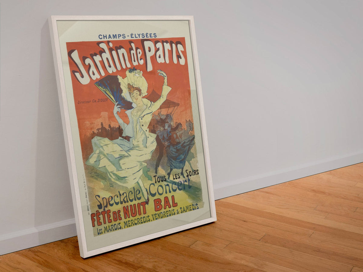 Jardin de Paris 1897 poster in a white frame leaning against a wall