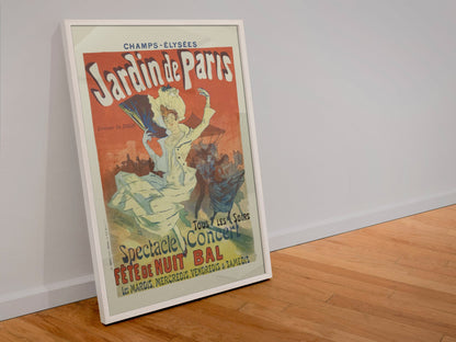 Jardin de Paris 1897 poster in a white frame leaning against a wall
