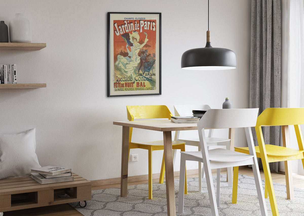 Jardin de Paris 1897 poster framed above a dining table