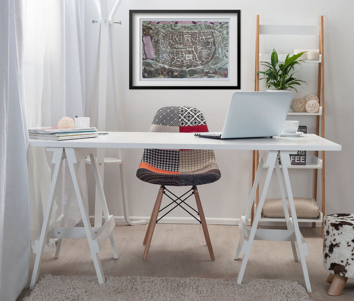 Jerusalem 1660 Map print framed above a white desk in a home office