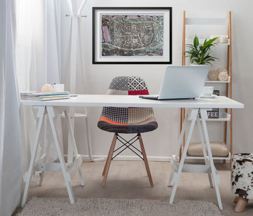 Jerusalem 1660 Map print framed above a white desk in a home office