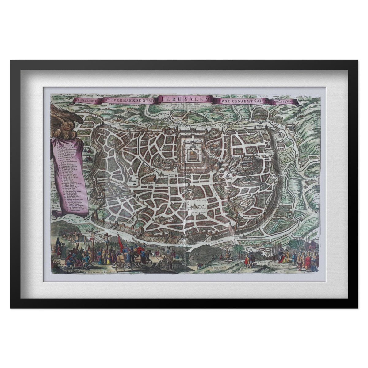 Jerusalem 1660 Map print in a black frame with a white mat