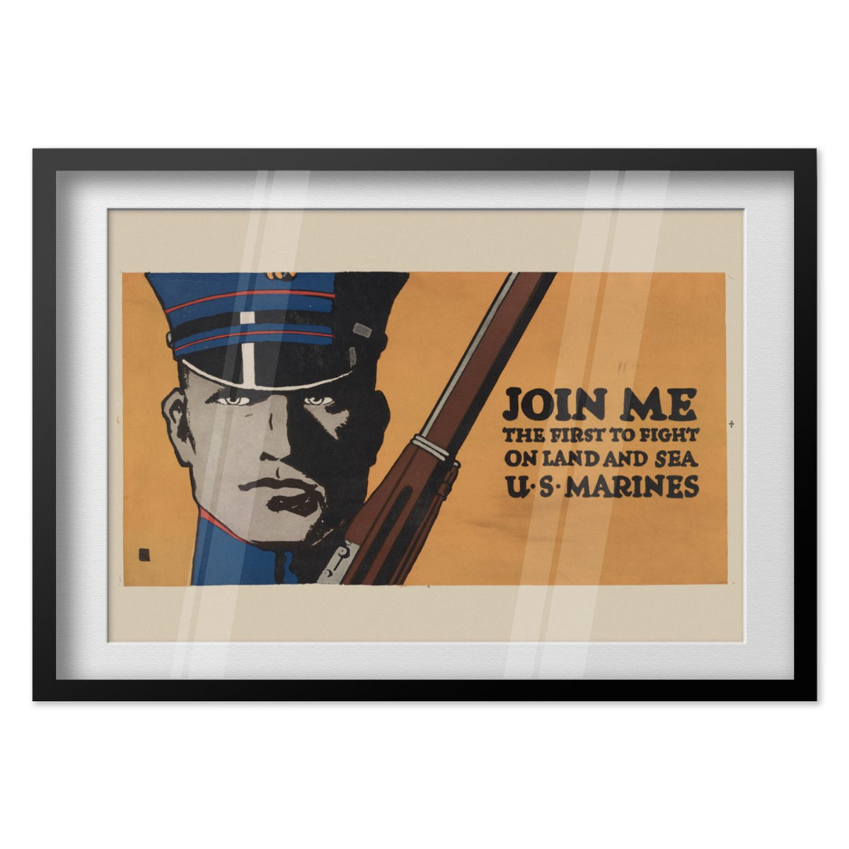 Join Me First to Fight US Marines poster in a black frame