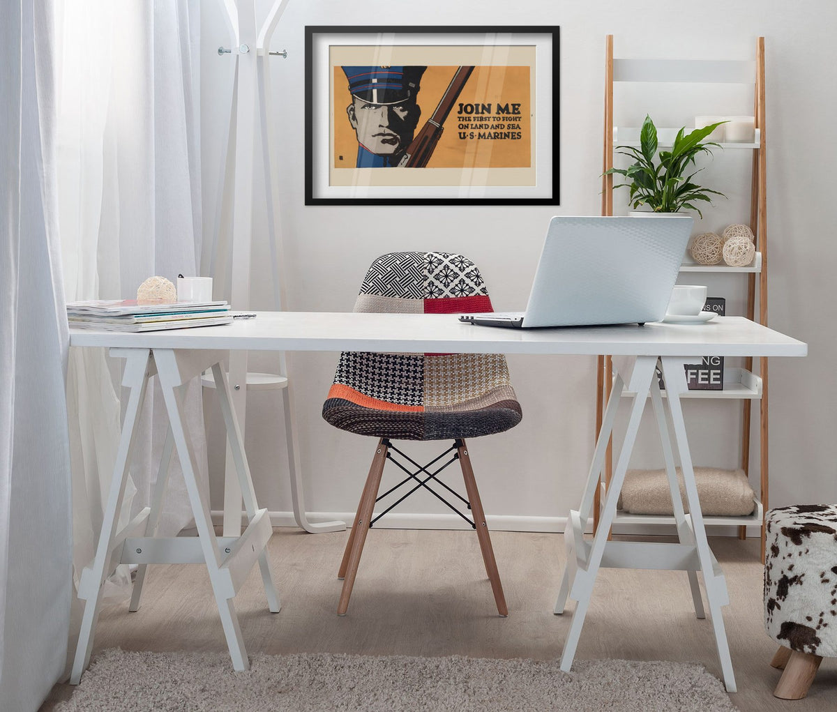 Join Me First to Fight US Marines poster framed above a white desk in a home office