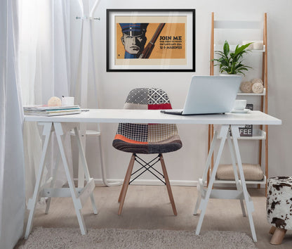 Join Me First to Fight US Marines poster framed above a white desk in a home office