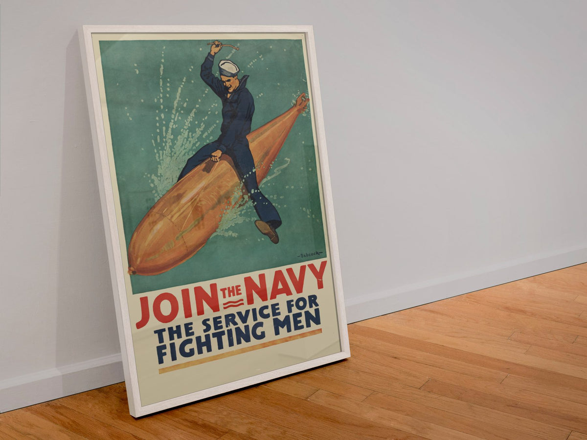 Join the Navy — The Service for Fighting Men poster in a white frame leaning against a wall