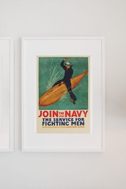 Join the Navy — The Service for Fighting Men poster on a light wall