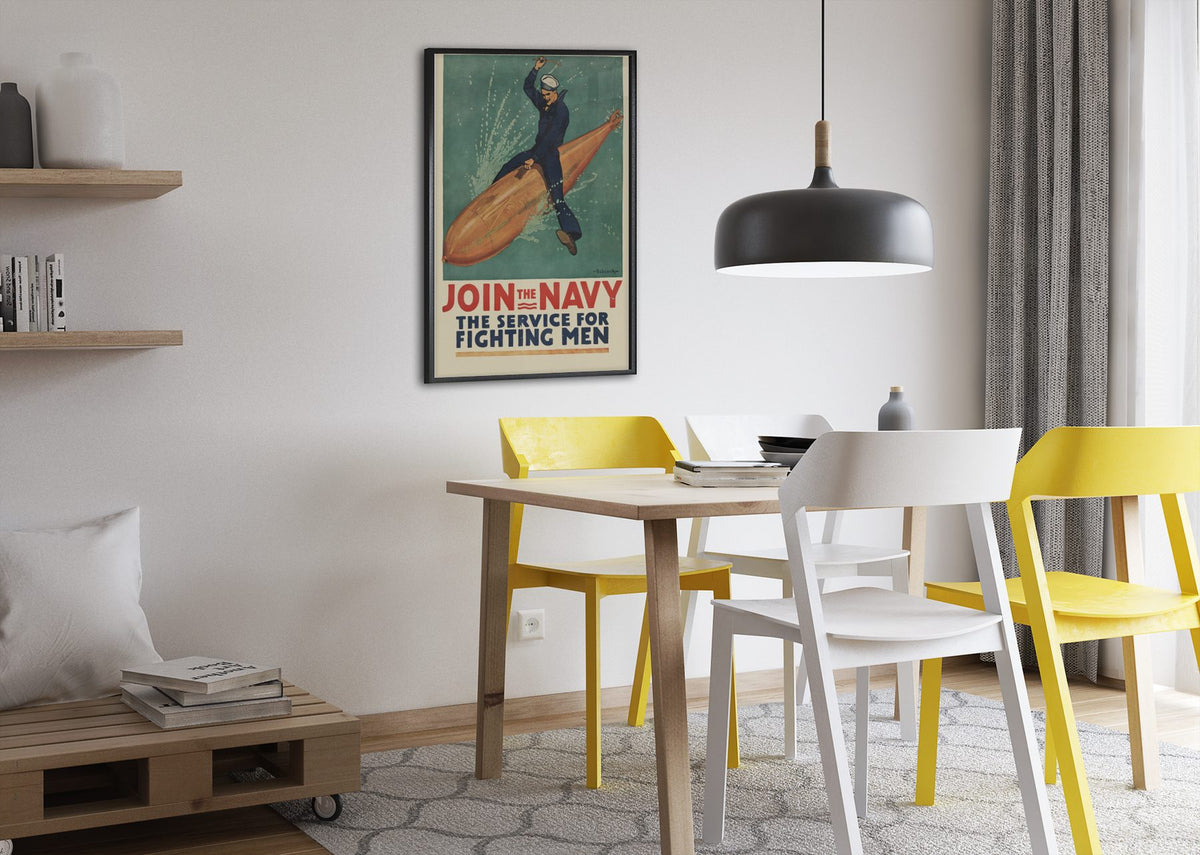 Join the Navy — The Service for Fighting Men poster framed above a dining table