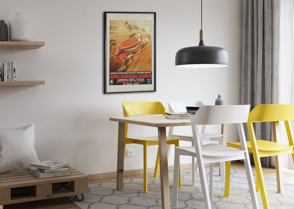Journée Internationale Automobile Paris 1937 poster framed above a dining table