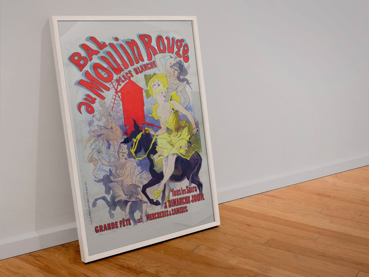 Jules Chéret Bal au Moulin Rouge poster in a white frame leaning against a wall