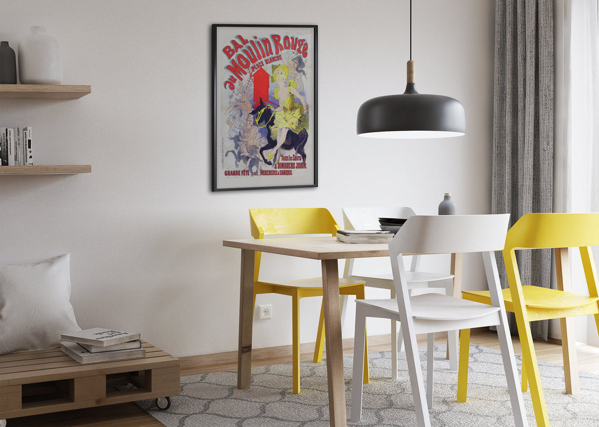 Jules Chéret Bal au Moulin Rouge poster framed above a dining table