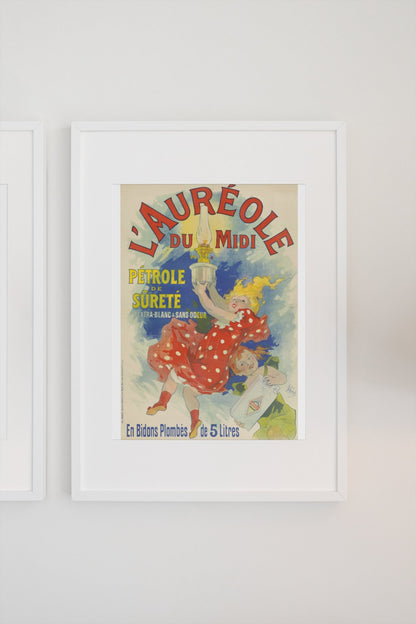 Jules Chéret L'Auréole du Midi poster in a white frame on a light wall