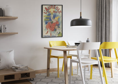 Jules Chéret L'Auréole du Midi poster framed above a dining table