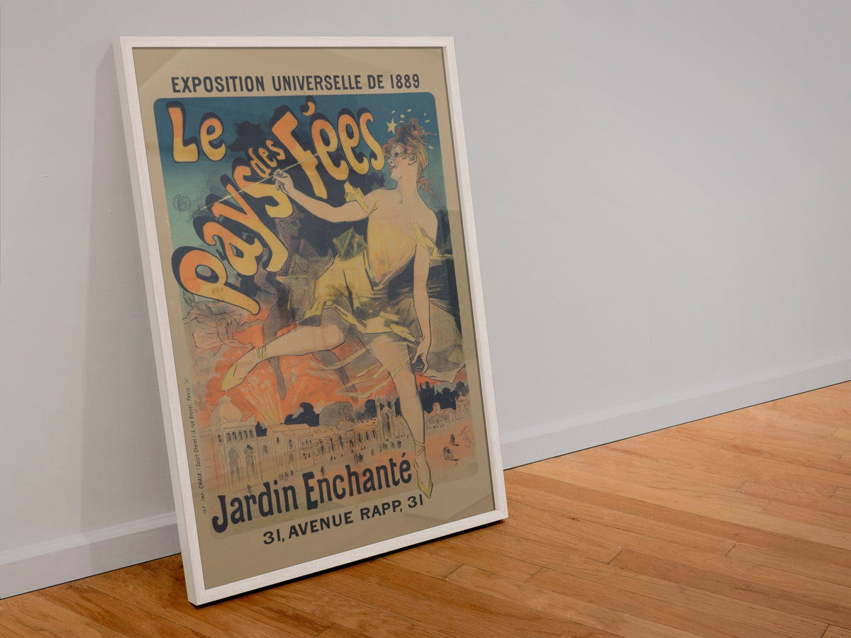 Jules Chéret Le Pays des Fées poster in a white frame leaning against a wall