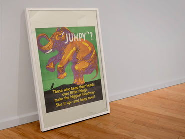 “Jumpy” poster in a white frame leaning against a wall