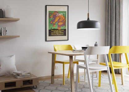 “Jumpy” poster framed above a dining table