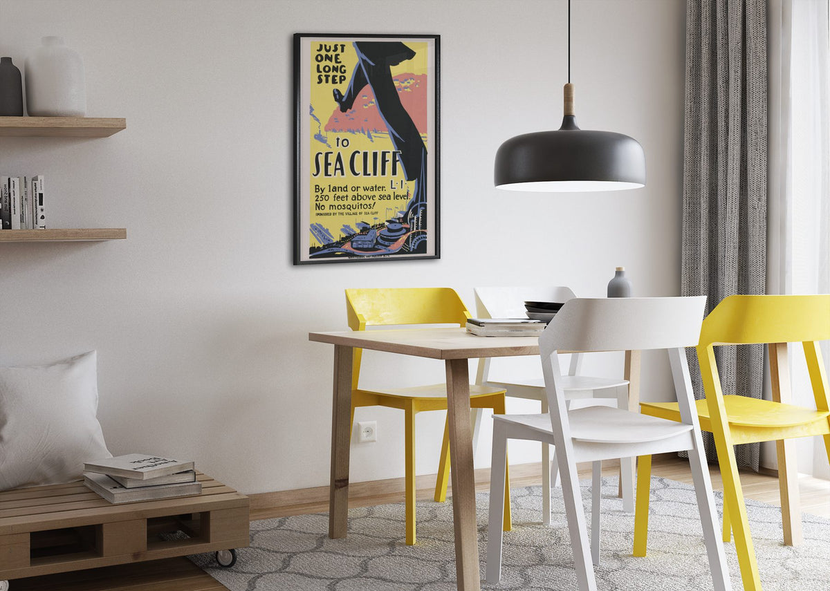 Just One Long Step to Sea Cliff poster framed above a dining table