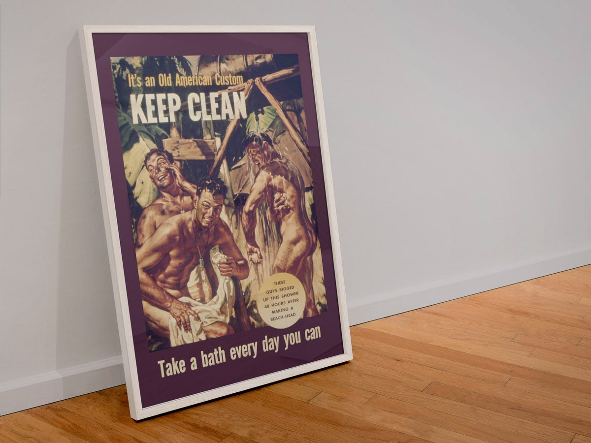 Keep Clean An Old American Custom poster in a white frame leaning against a wall