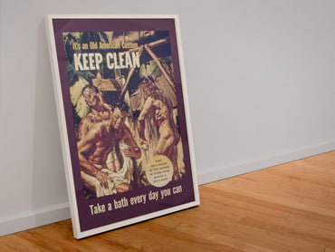 Keep Clean An Old American Custom poster in a white frame leaning against a wall