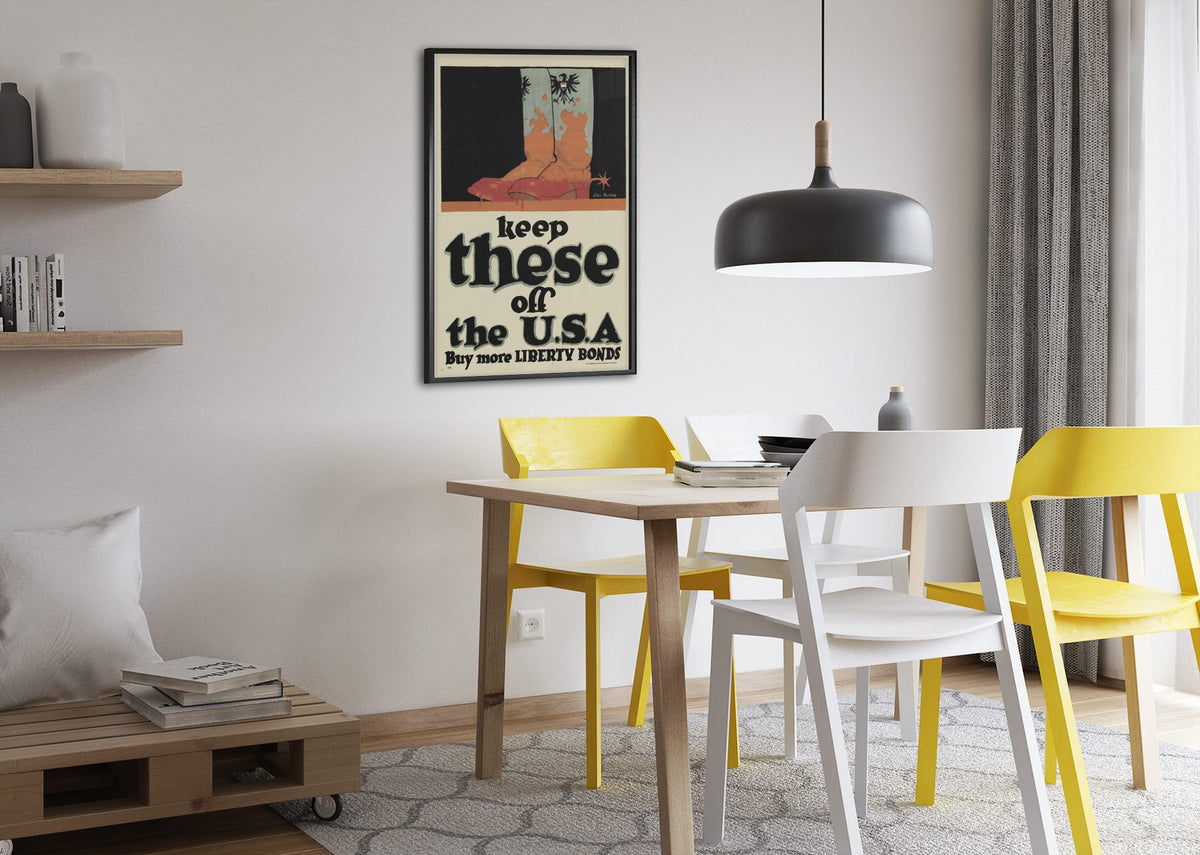 Keep These Off the U.S.A. poster framed above a dining table