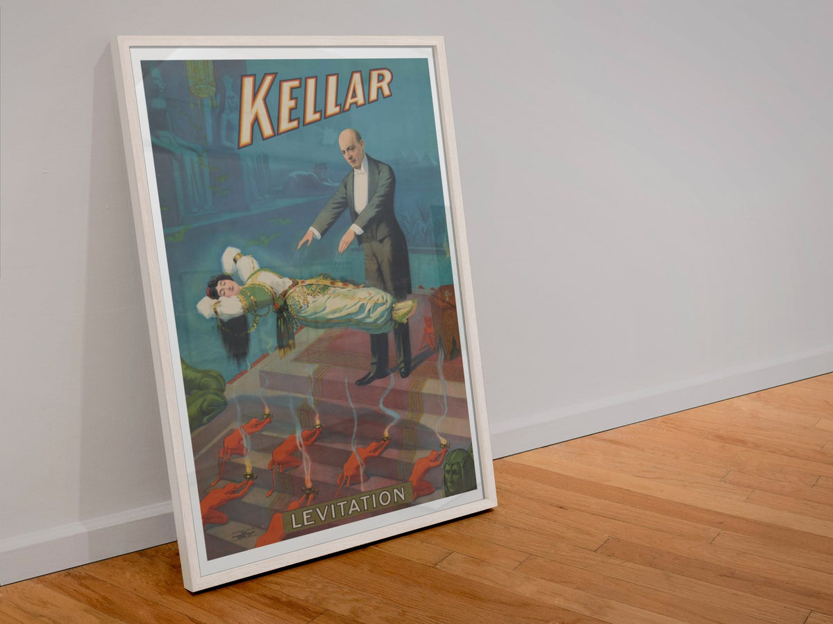 Kellar Levitation poster in a white frame leaning against a wall
