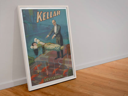 Kellar Levitation poster in a white frame leaning against a wall