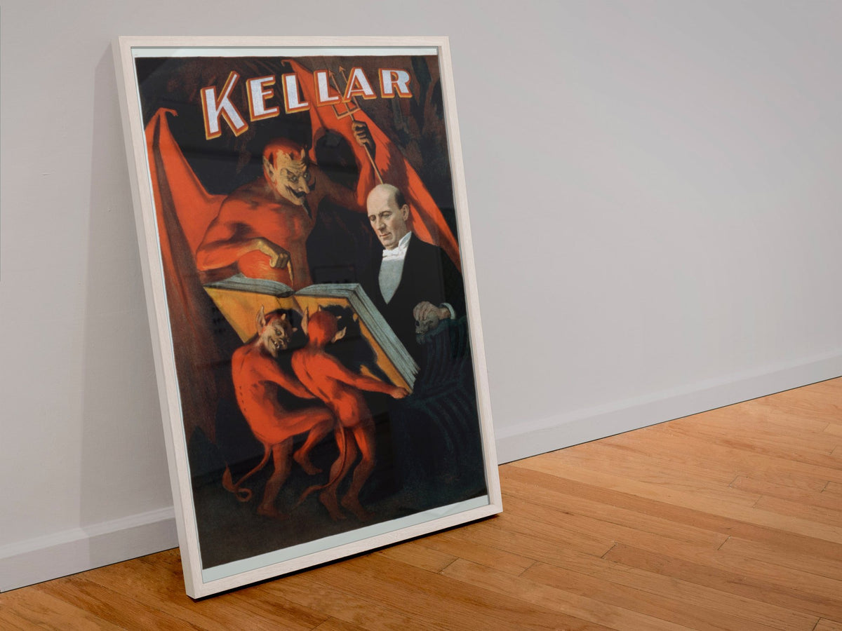 Kellar Reads With the Devil poster in a white frame leaning against a wall