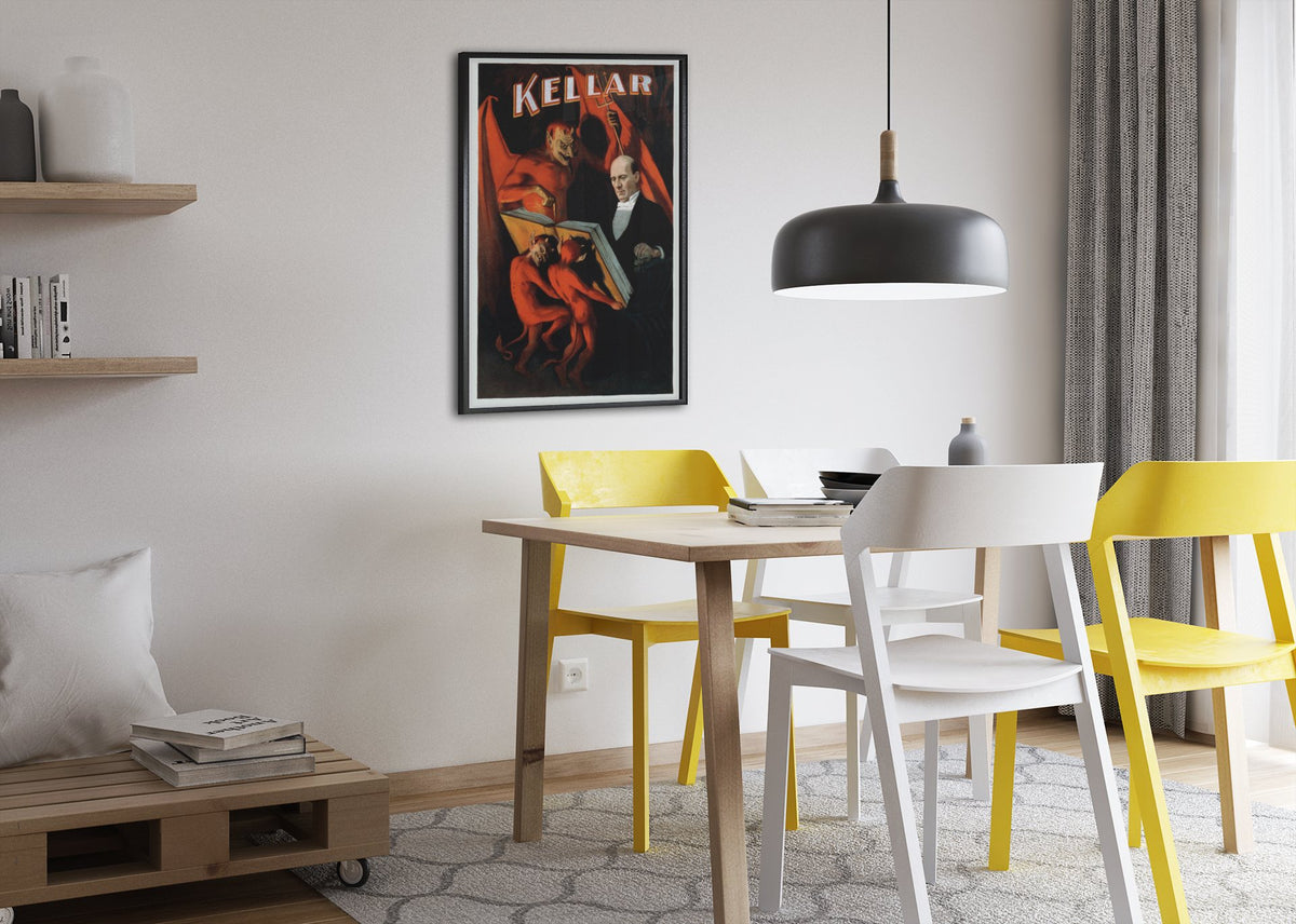 Kellar Reads With the Devil poster framed above a dining table