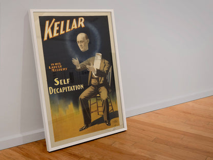 Kellar Self Decapitation poster in a white frame leaning against a wall