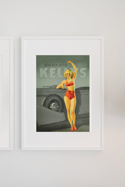 Kelly-Springfield Tires Pin-Up poster in a white frame on a light wall