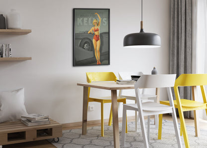 Kelly-Springfield Tires Pin-Up poster framed above a dining table