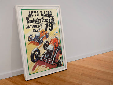 Kentucky State Fair Auto Races poster in a white frame leaning against a wall