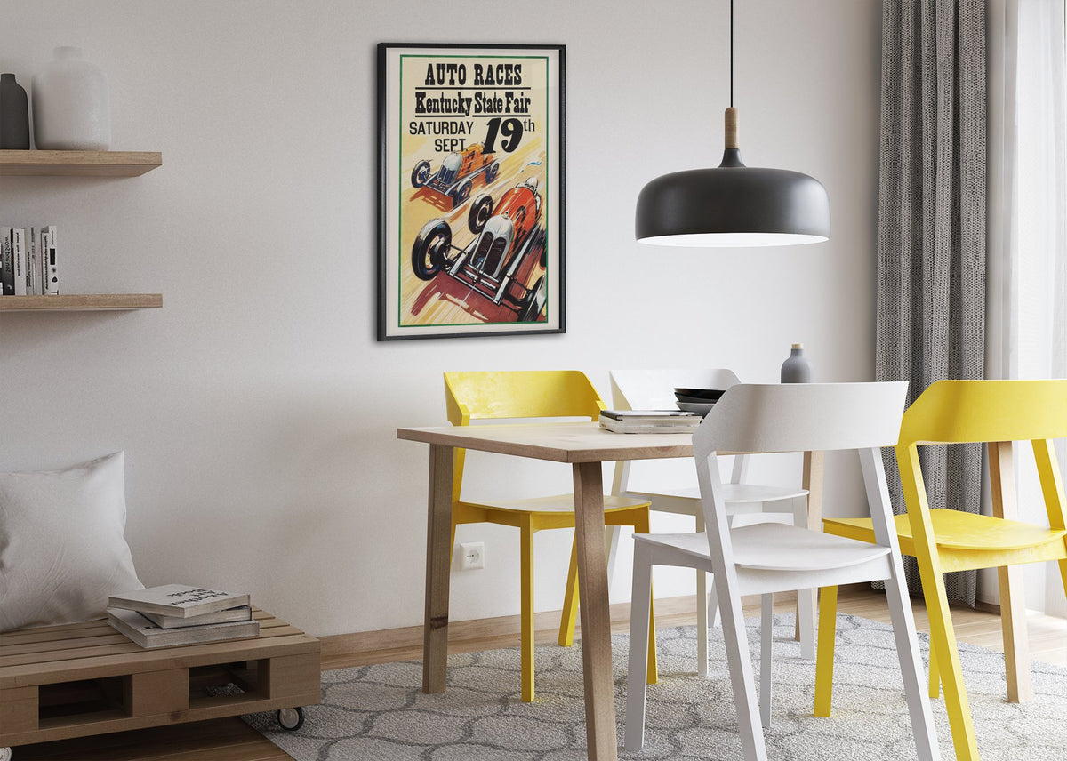 Kentucky State Fair Auto Races poster framed above a dining table