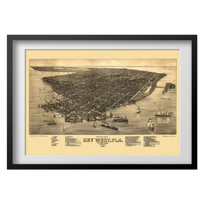 Key West 1884 Panoramic Map print in a black frame