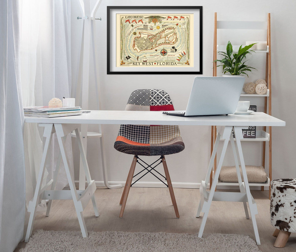 Key West 1940s Map print framed above a white desk in a home office